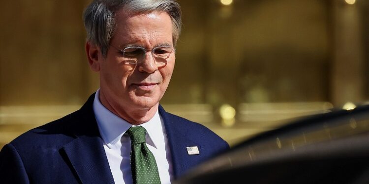 U.S. Secretary of the Treasury Scott Bessent leaves the Economy Ministry building, days after Argentine President Javier Milei’s administration sealed a new loan deal with the IMF, in Buenos Aires, Argentina April 14, 2025. REUTERS/Agustin Marcarian